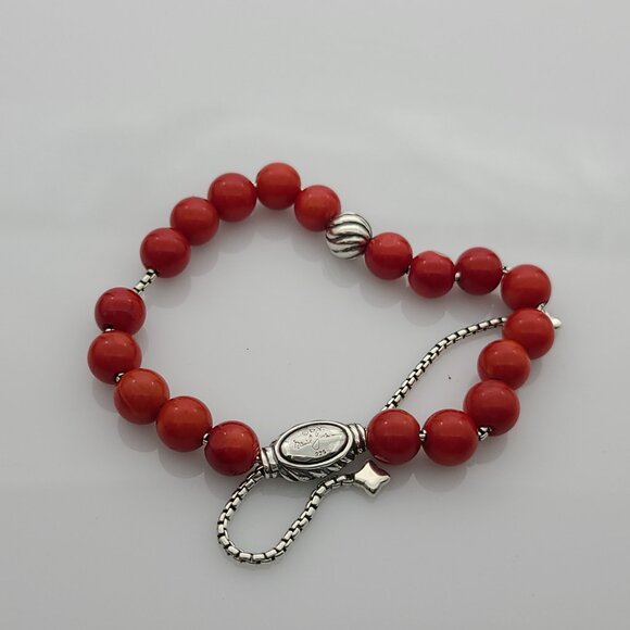 David Yurman Spiritual Bead Bracelet Sterling Silver with Red Coral and Silver - Picture 3 of 4
